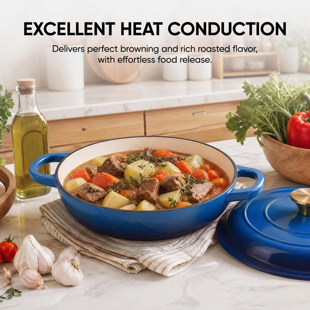 Dutch Oven Enameled Cast Iron with Lid - Big Dual Handles - Oven Safe up to 500°F - Classic Round Pot for Versatile