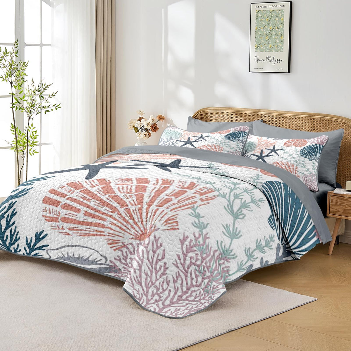 Quilt Set, 7 Pieces Coastal Seashell Bedding, Bedspread
