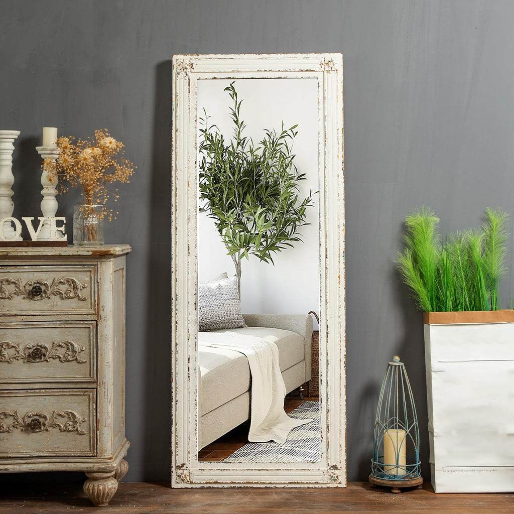 Rustic Full Length Mirror with Stand 60" x 24", Distressed White