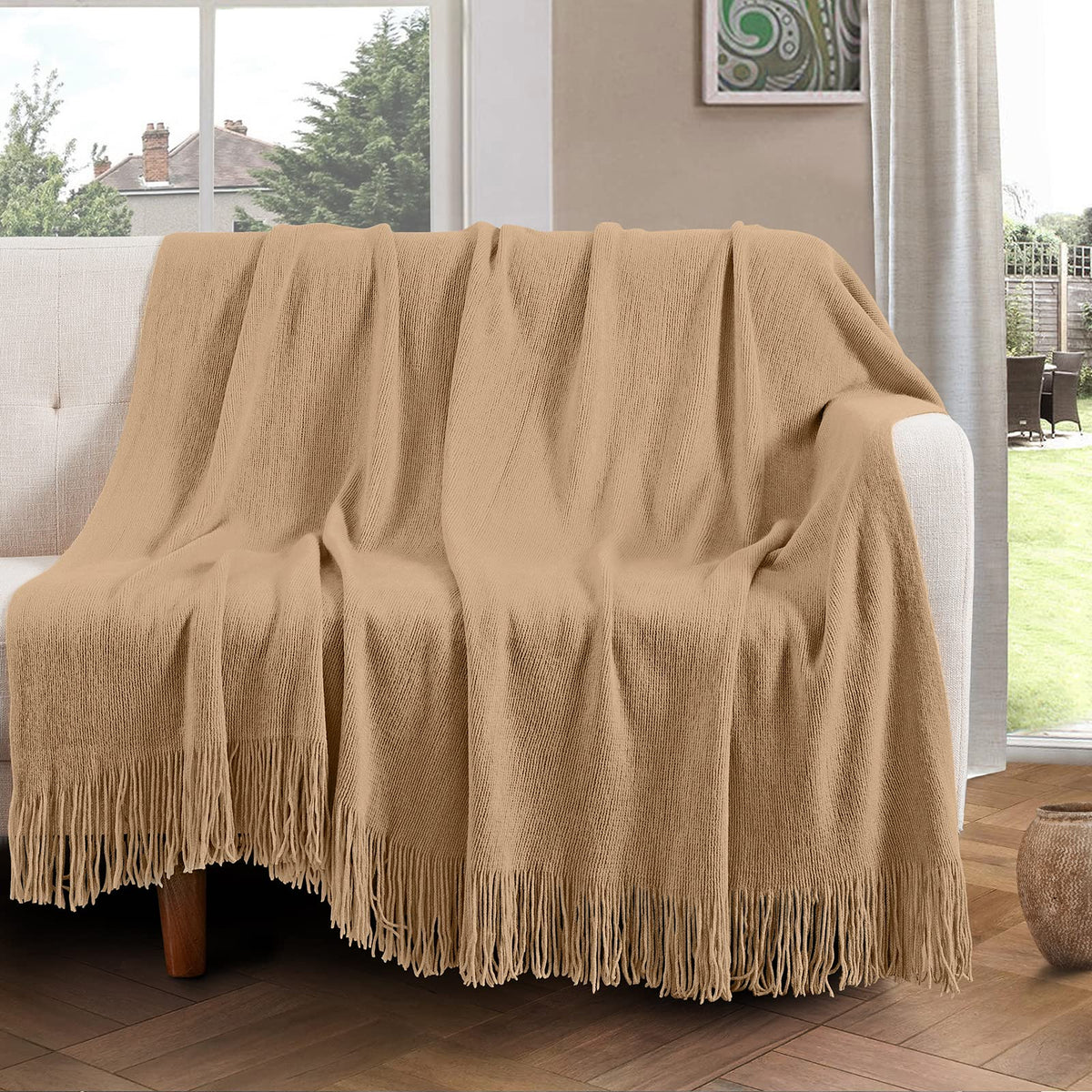 Light Brown Knitted Blanket with Tassels Fringe 50" x 60"