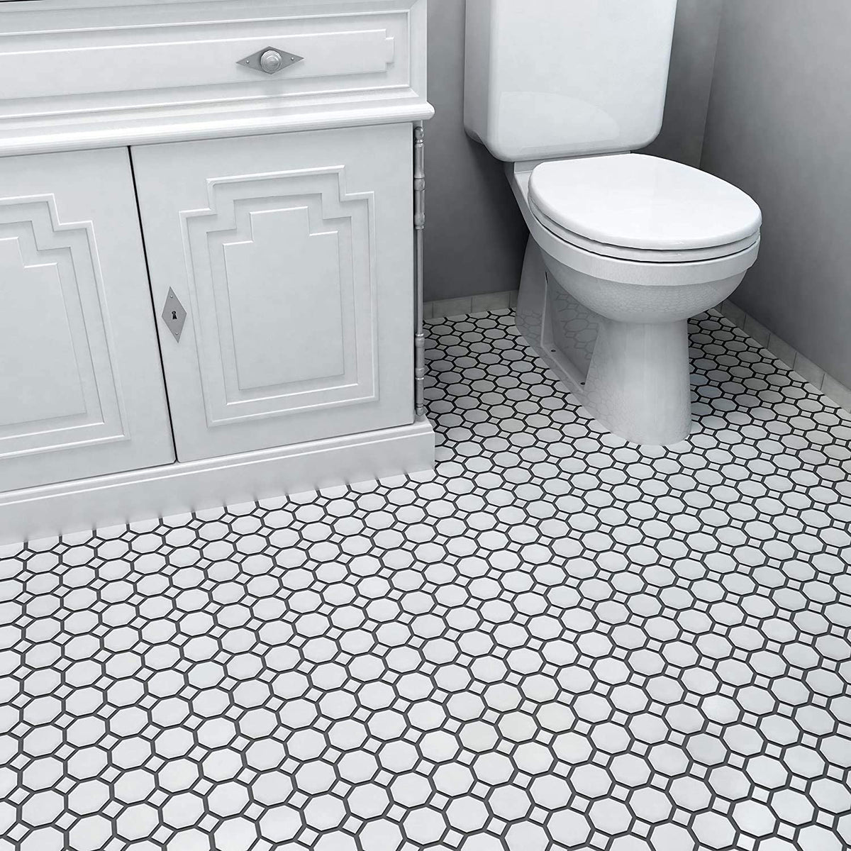 12x12 Matte White Octagon Porcelain Mosaic Tile with Matte White Dots Floor, Kitchen Backsplash, Shower Wall
