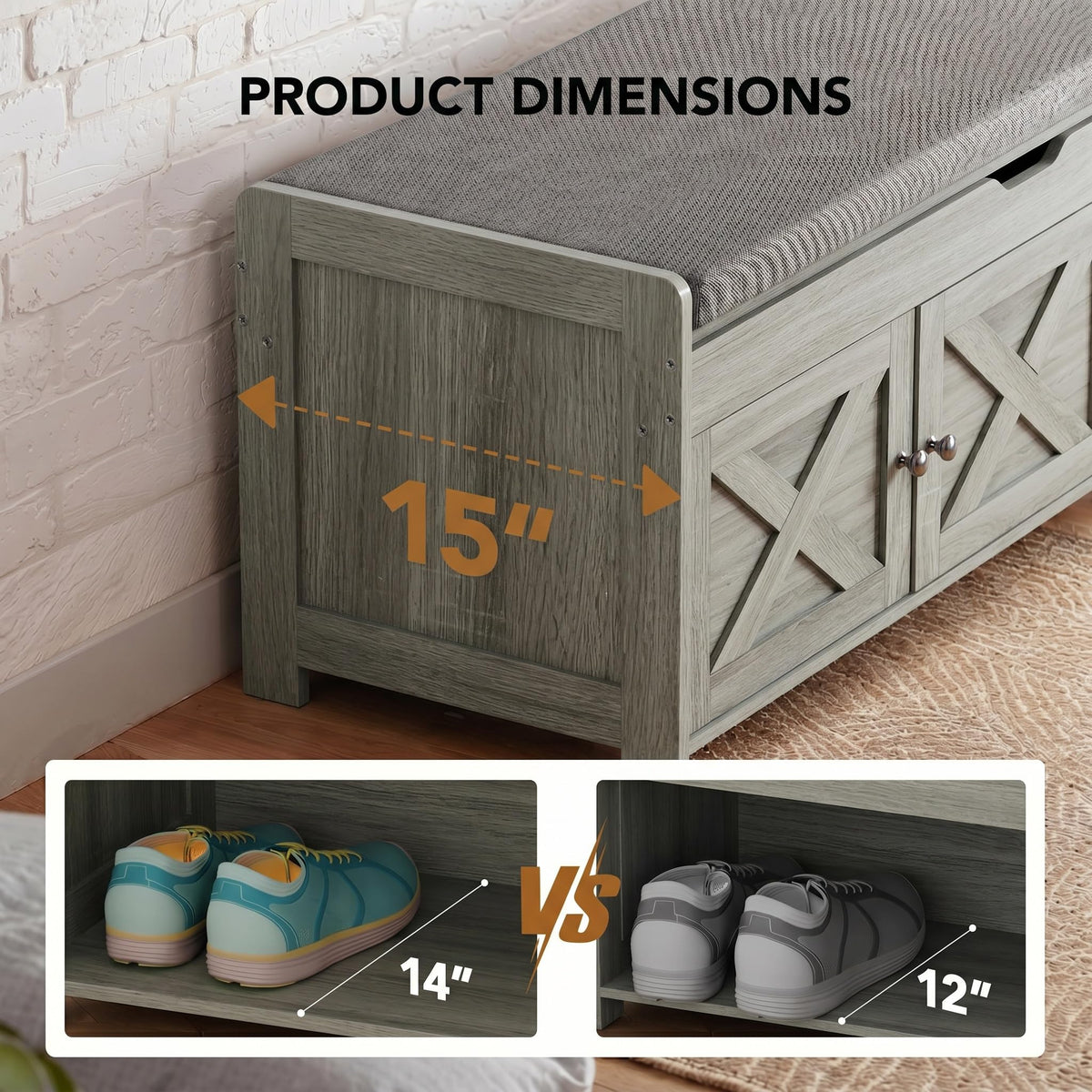 Shoe Storage Bench with Seating, Farmhouse Entryway Bench, Grey