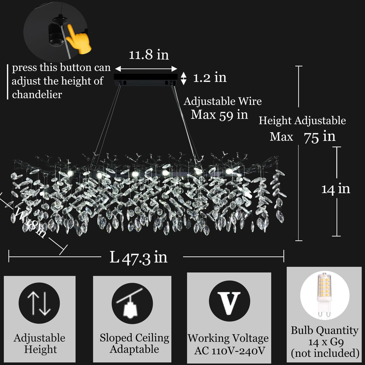 47.3" Black Modern Crystal Rectangular Raindrop Chandelier