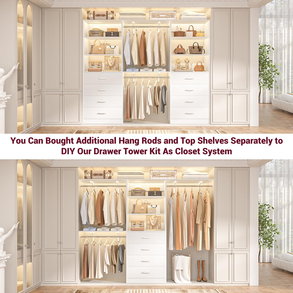 Closet Drawers Organizer System, 3.54FT Wood Closet System with 4 Drawers, Modular Walk-in Closets Storage Unit, Tall