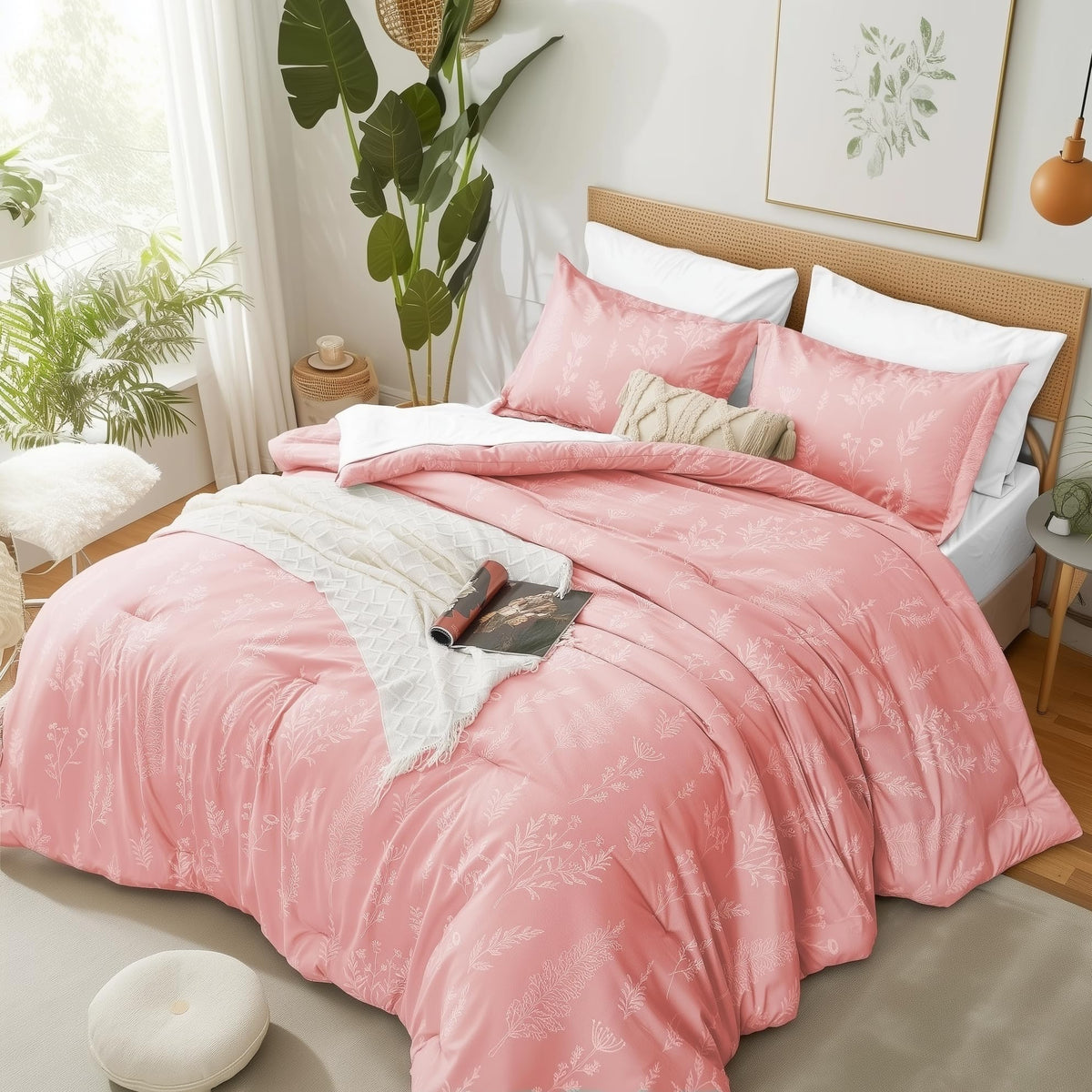 Floral Comforter Set Full Pink, Cute Flower Bed in a Bag Full Boho 7 Pieces, Soft Fluffy Bedding Sets with Comforter