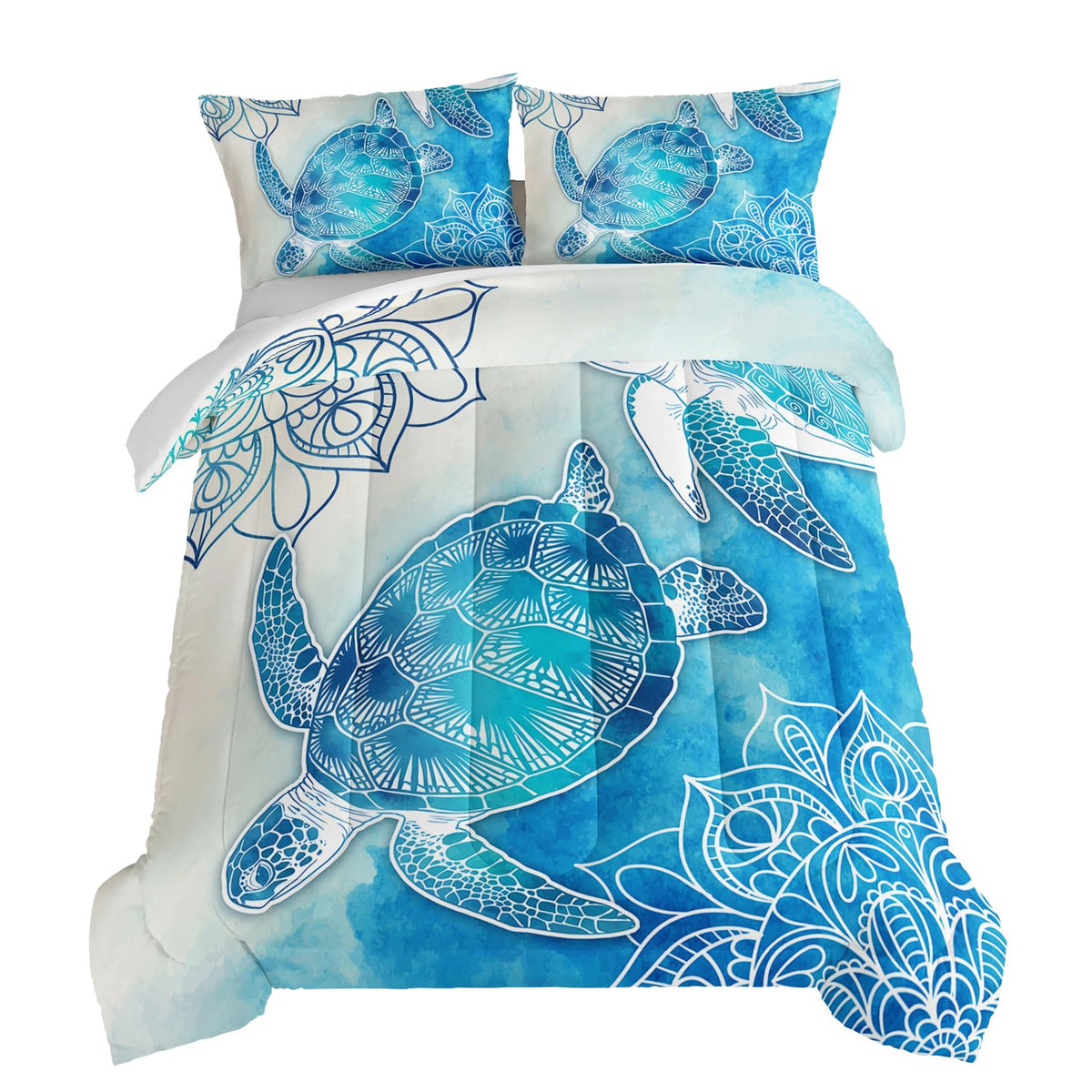 Sea Turtle Comforter Set, Coastal Bedding with 2 Pillowcases.