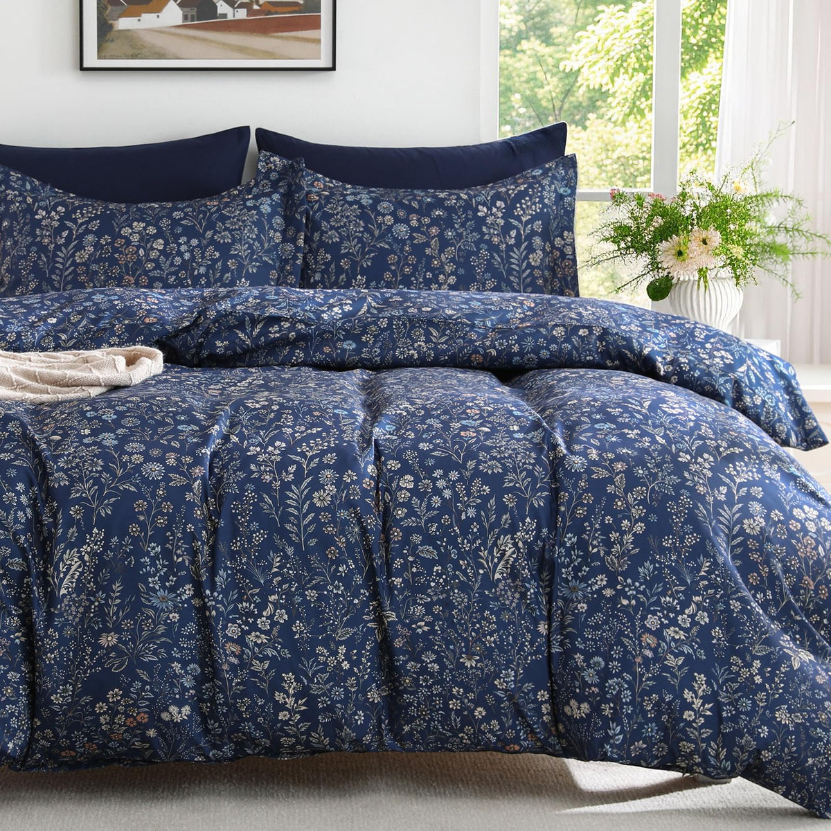 Duvet Cover, 3-Piece Floral Navy Blue Bedding Set