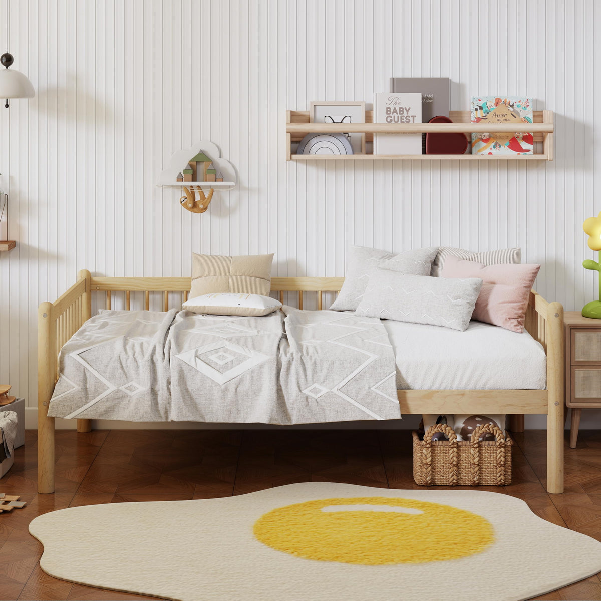 Natural Twin Pine Wood Daybed with 3-Side Guardrails