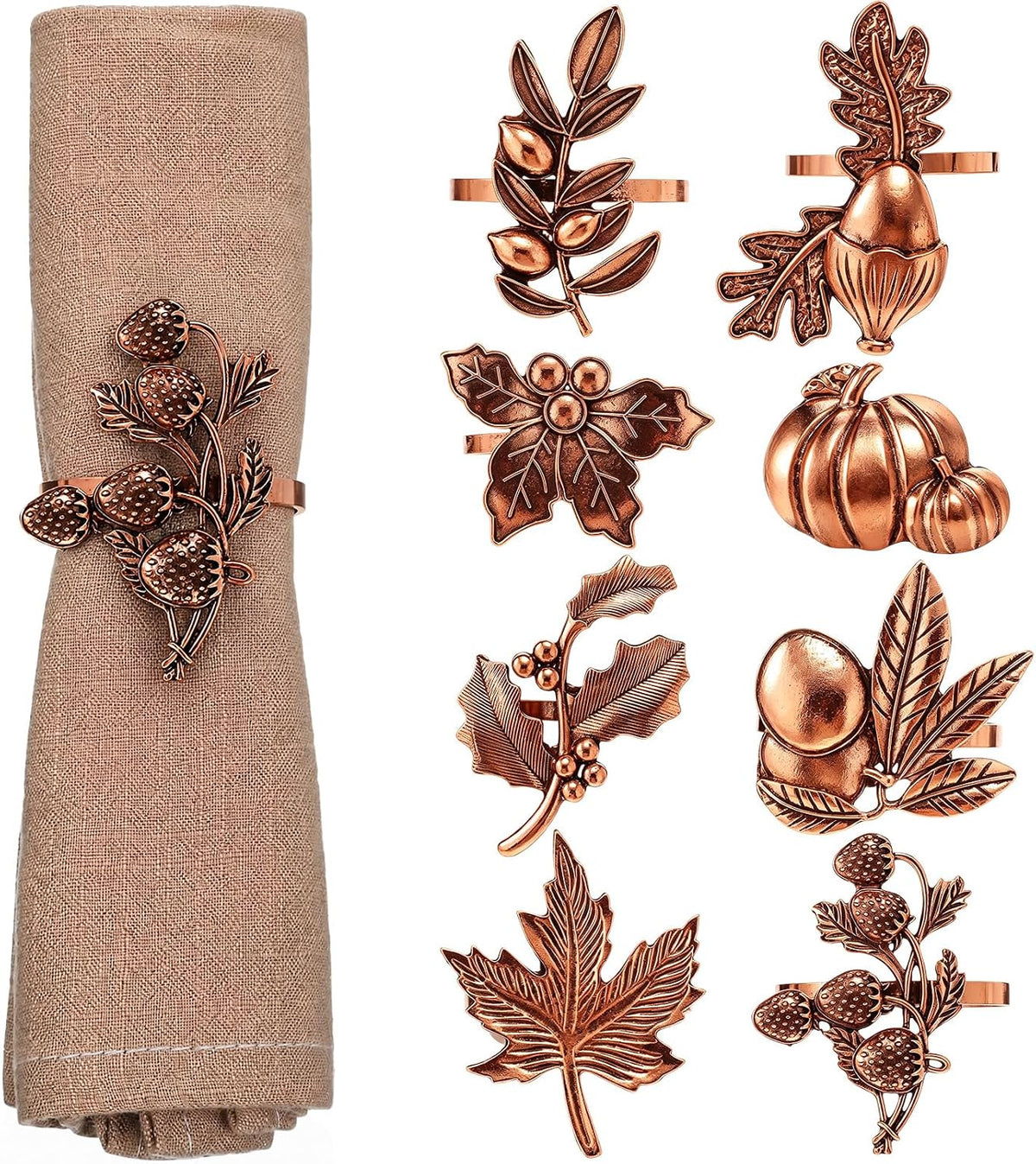Fall Thanksgiving Napkin Rings Set,Autumn Metal Holders - Set of 8