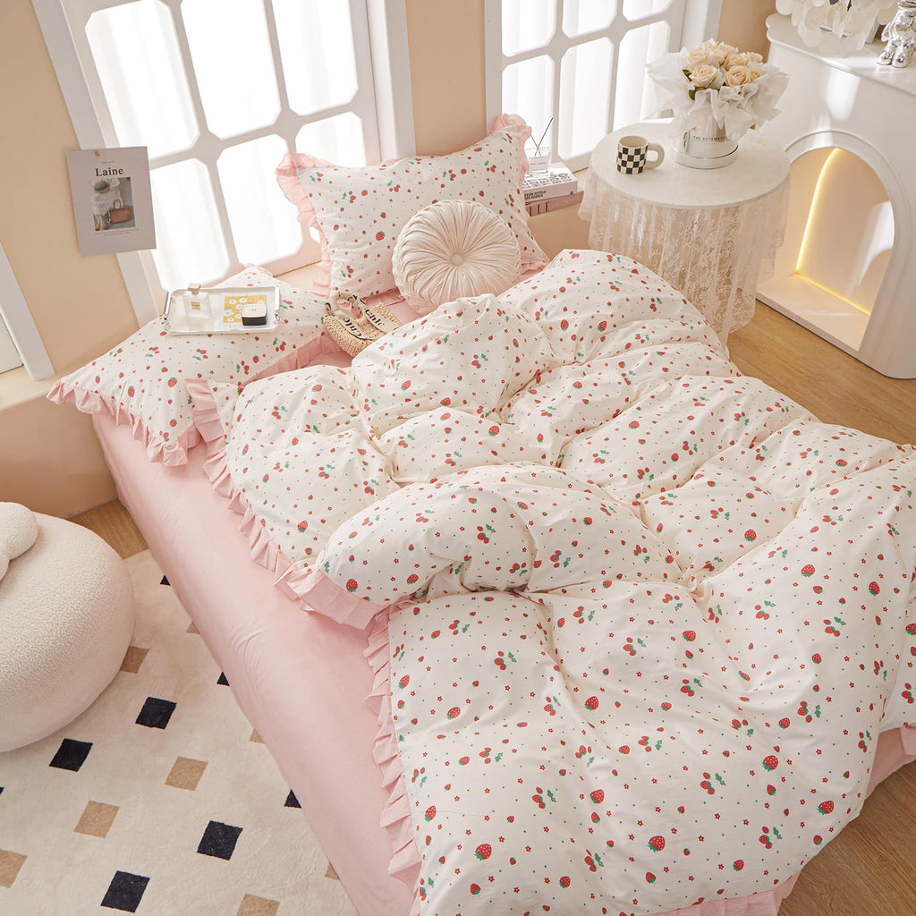 Comforter Set Strawberry Print Bedding Comforter Ruffled Lace Bedding Set Fluffy Fruit Comforters Pink Stripes