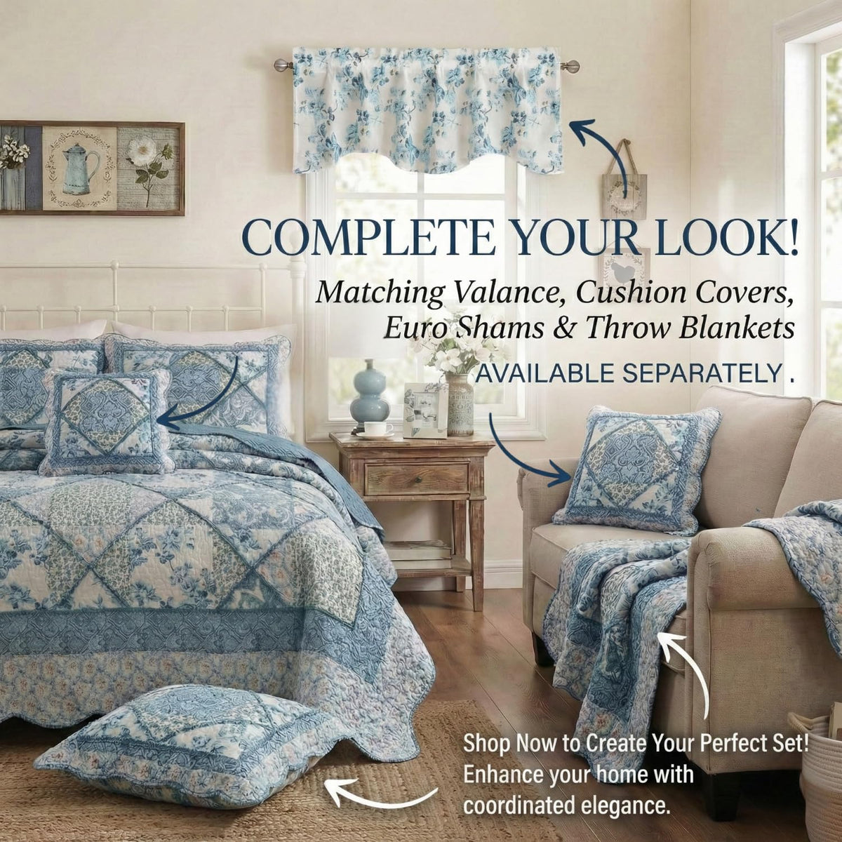 Cotton Patchwork Farmhouse Cottage Country Vintage Antique Ditsy Floral Paisley White Blue Scalloped Lightweight