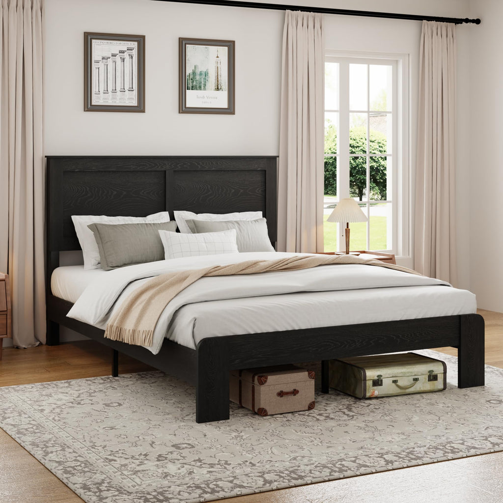 Wood Platform Bed Frame, Queen Size Bed Frame with Headboard, Black