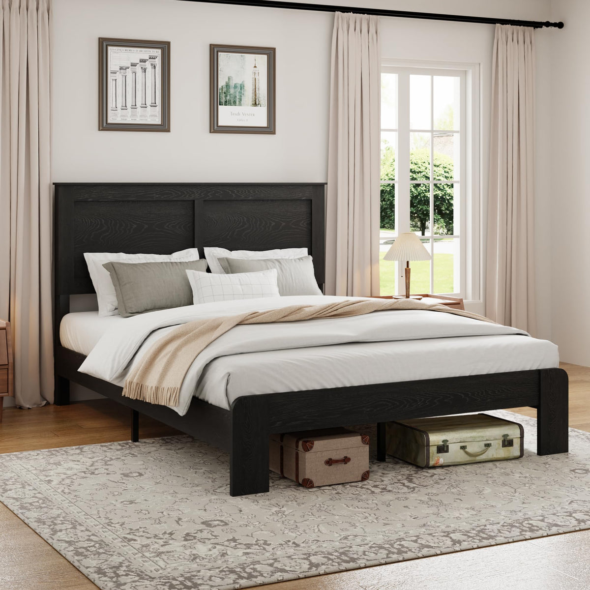 Wood Platform Bed Frame, Queen Size Bed Frame with Headboard, Black