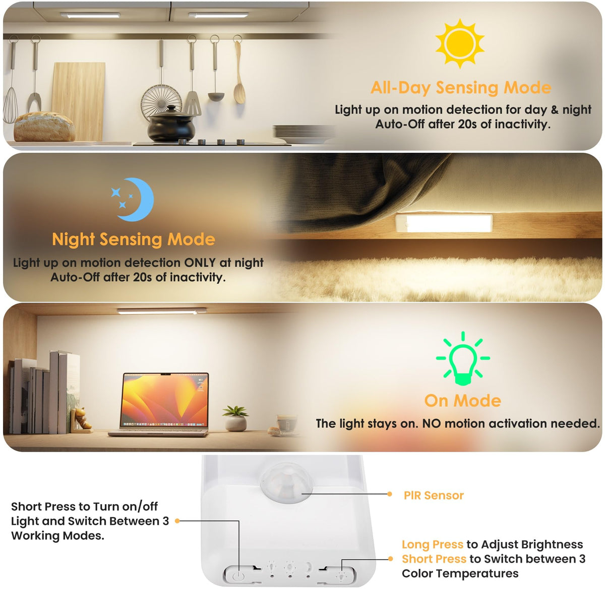 Motion Sensor Under Cabinet Light, 3CCT, 7.9 inch