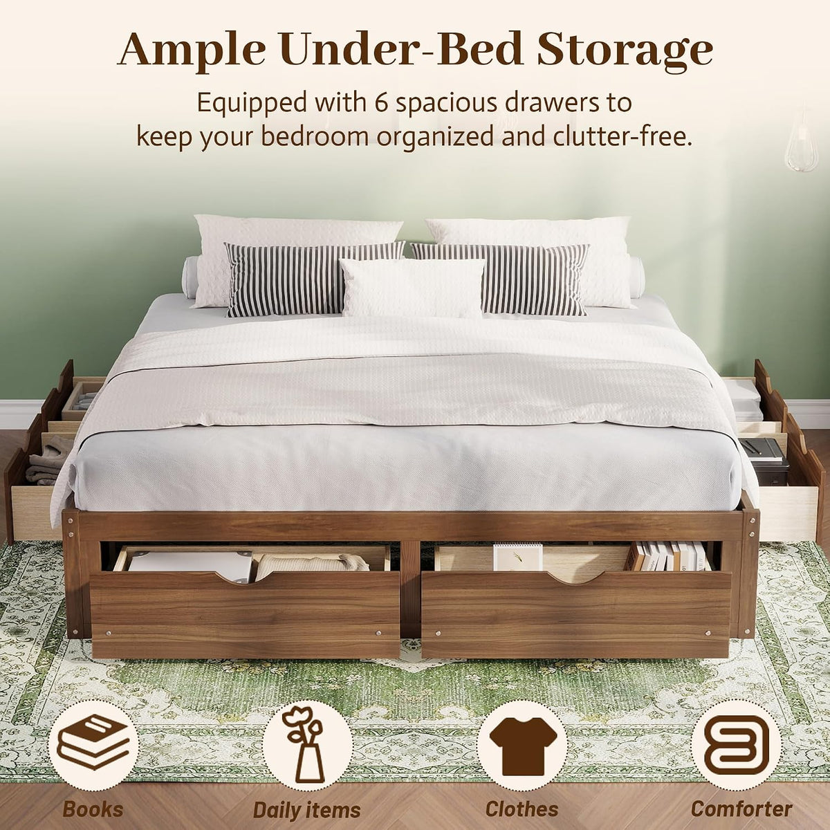 King Size Wooden Floor Bed Frame with 6 Storage Drawers