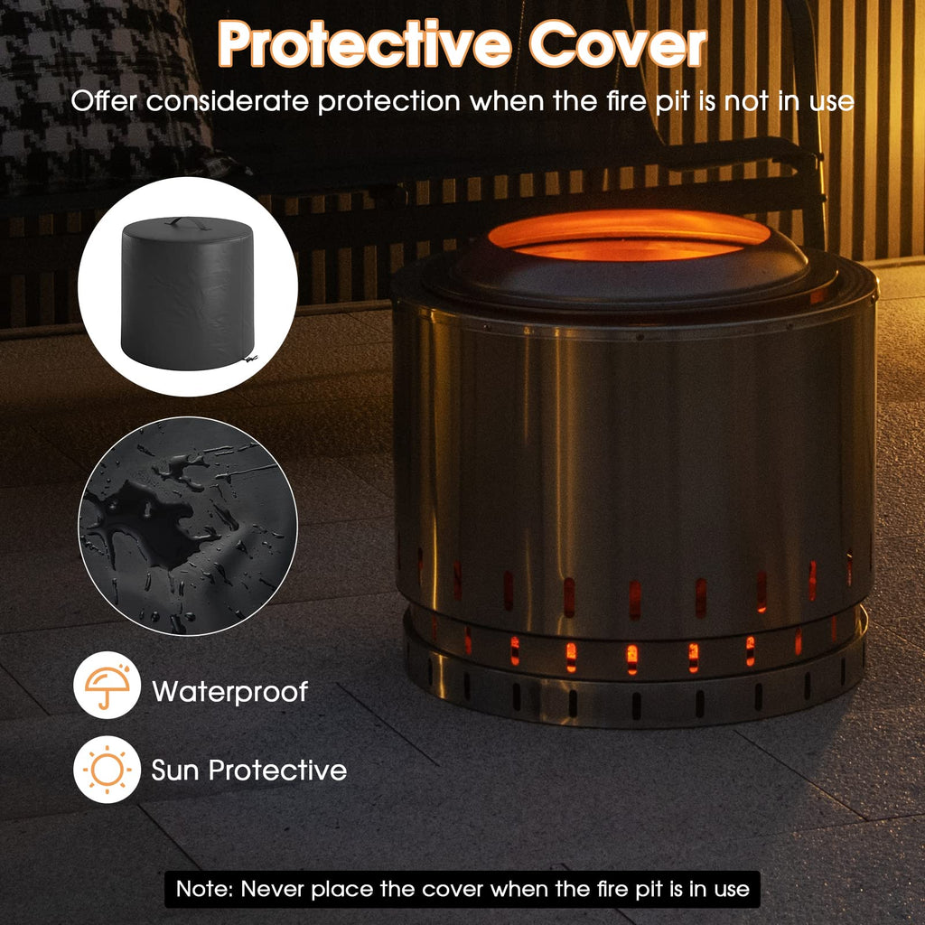 Wood Burning Smokeless Fire Pit for Outside, 19.5" Stainless Steel Bonfire Stove w/Protective Cover & Ash Pan