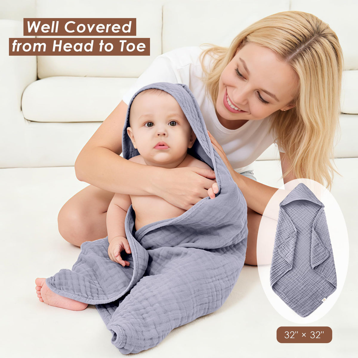 3-Pack Muslin Hooded Baby Towels, 100% Cotton, Ultra-Soft & Absorbent Baby Bath Towels with Hood for Babies, Infant