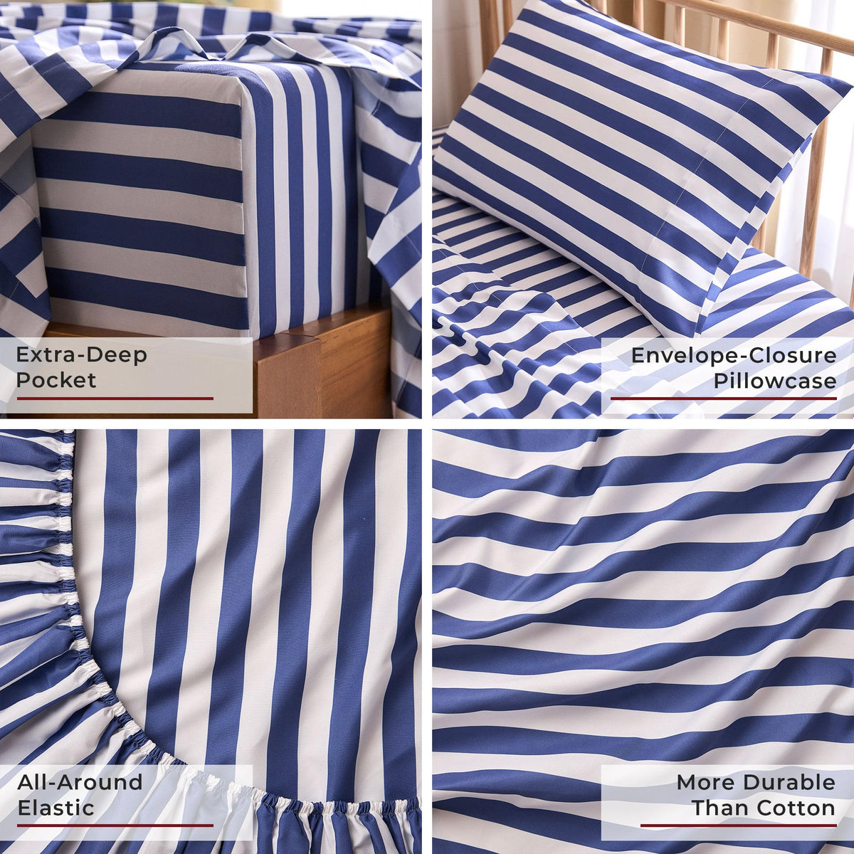 Iconic 3-PC Bed Sheets, 16" Deep (Oxford Stripe Blue Nova)