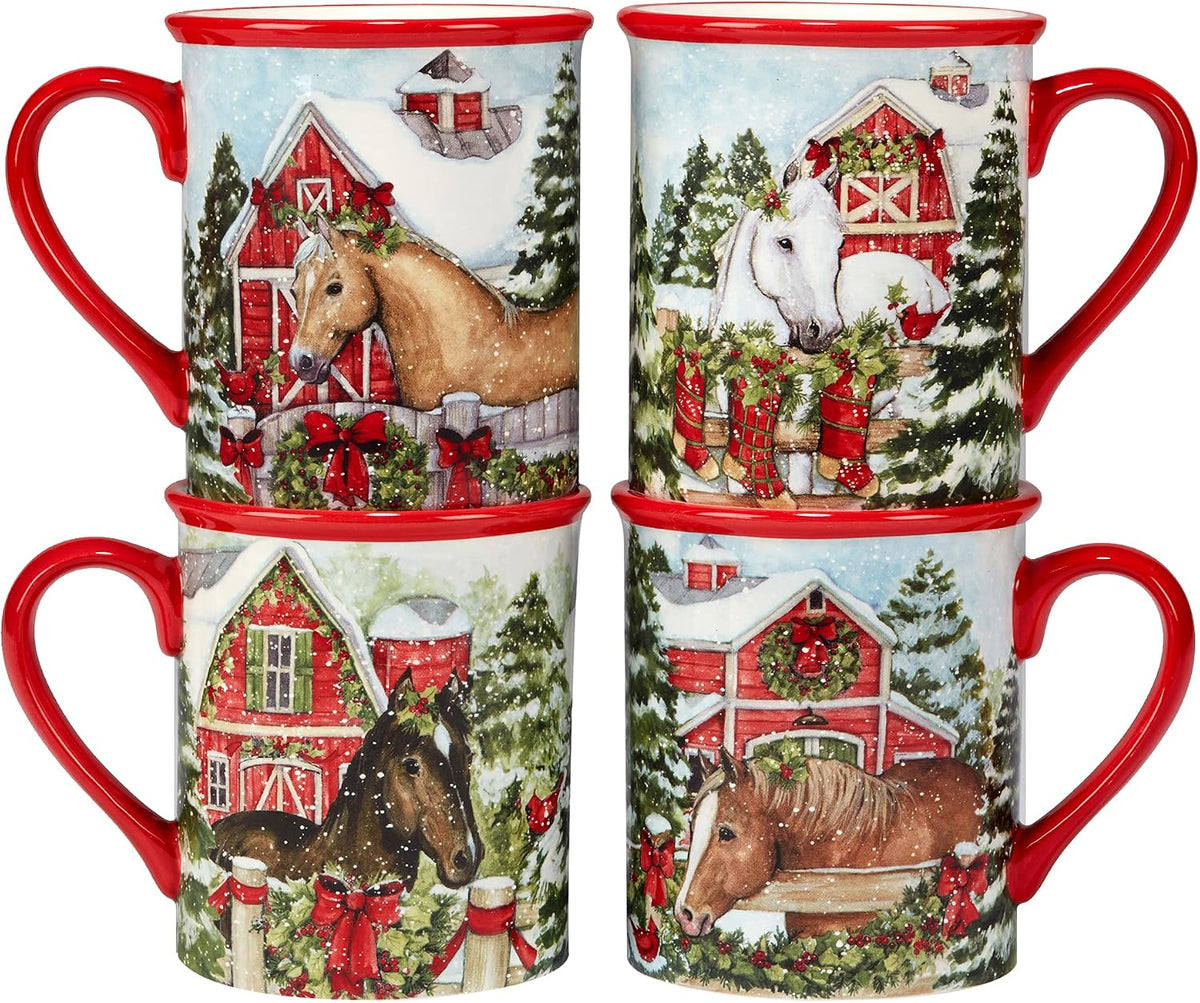 Homestead Christmas Piece Dinnerware Set - Holiday Tableware for 4 with Festive Horse & Barn Scenes - Winter