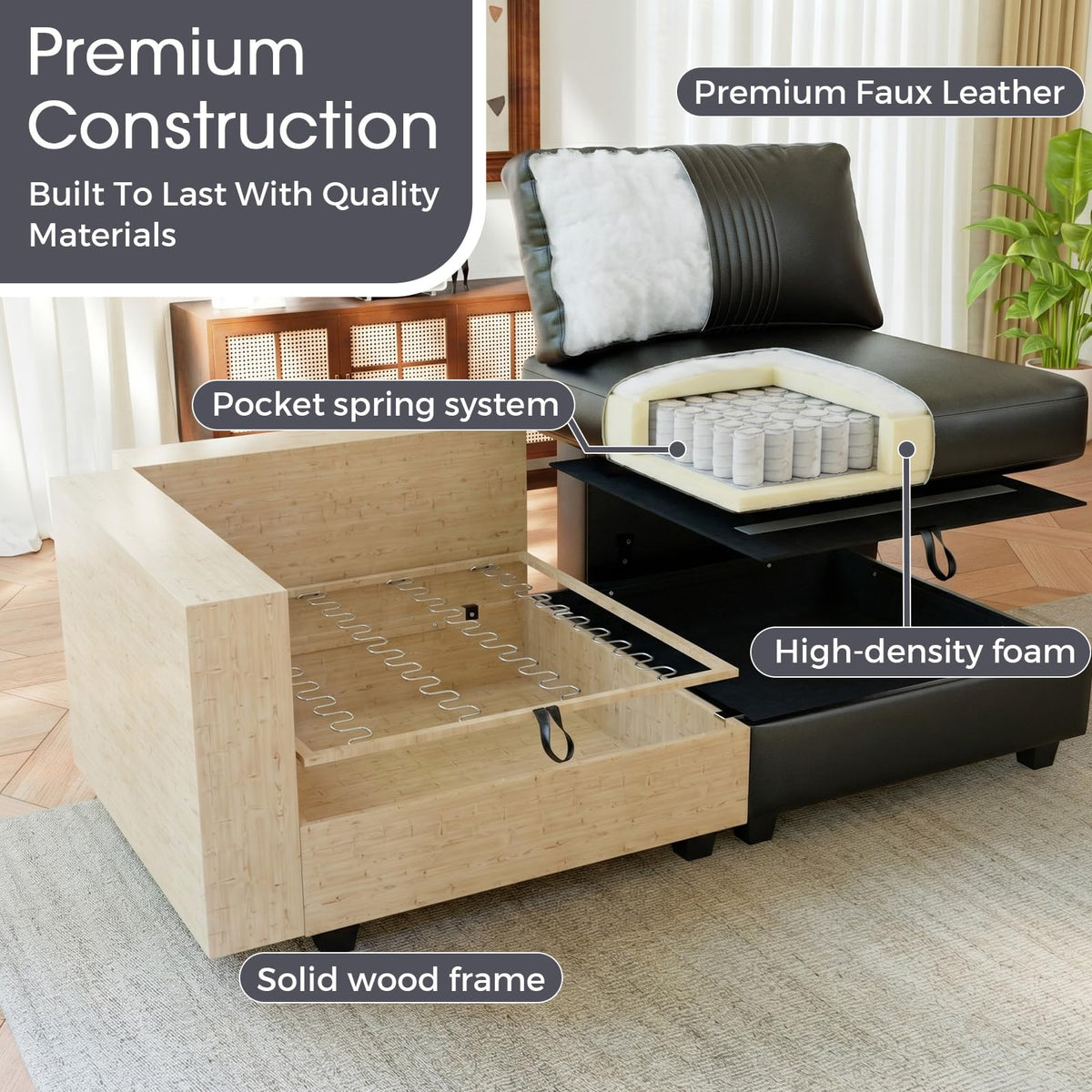 128" 6 Seat Modular Sectional Sofa, Convertible L & U Shaped Couch with Storage, Modern Leather Couch with Ottomans