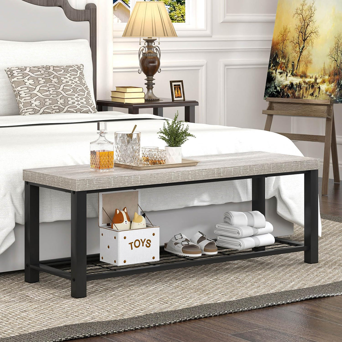 Entryway Bench, Rustic Wood and Metal Shoe Storage Bench Front Door Entrance, Industrial Indoor Bench Living Room