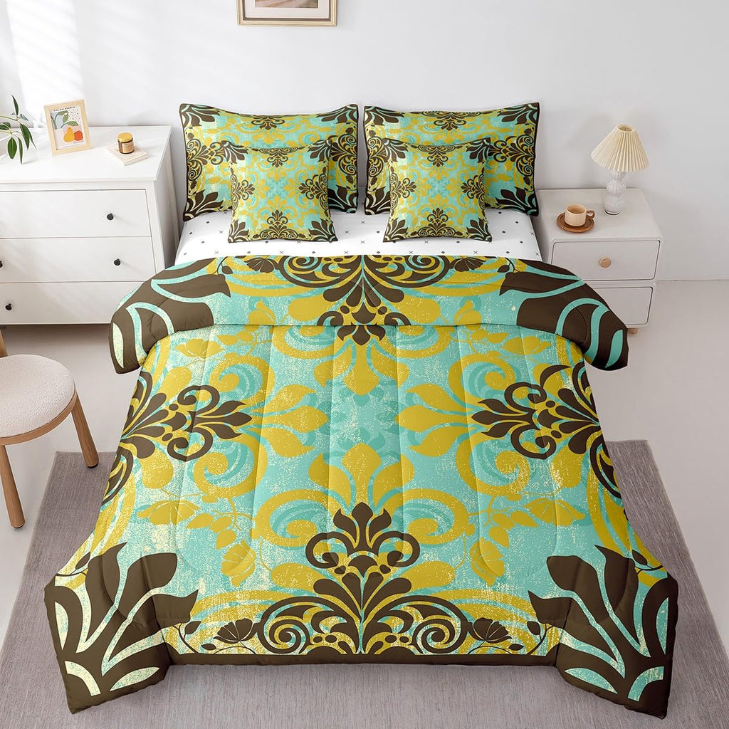 Bohemian Damask Comforter Set 7 Piece Bed in a Bag Twin, Exotic Flowers Bedding Sets Antique Victorian Gothic Vintage
