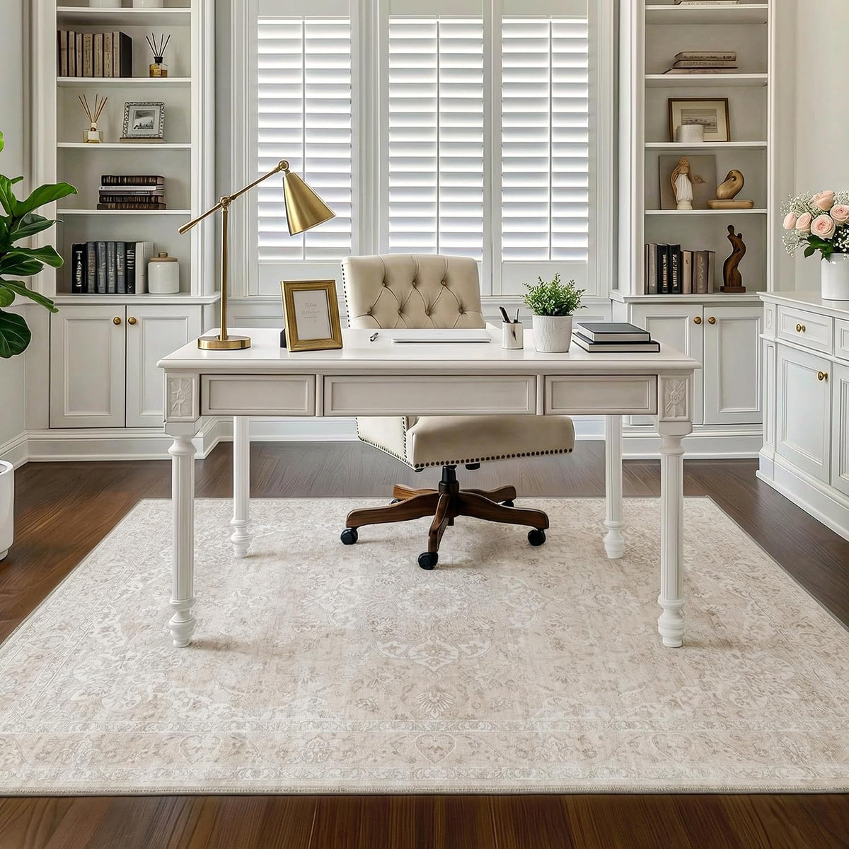 Washable Beige Neutral Vintage Floral Area Rug