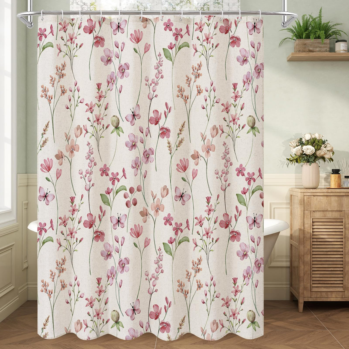 Linen Farmhouse Floral, Pink Butterfly Flower, Modern Minimalist White Waterproof Fabric Set, 72x72 Inch