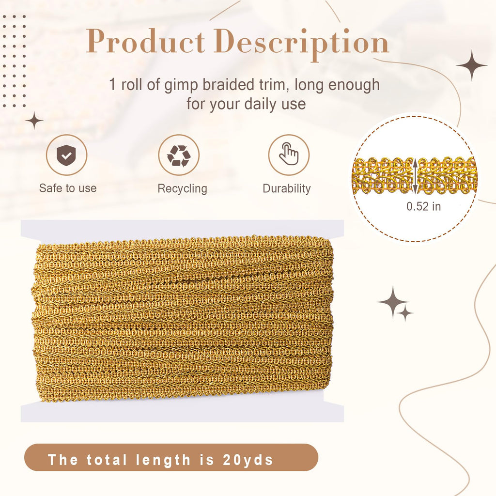 Gimp Braid Trim 1/2 Inch 20 Yard Gimp Braid Trim Decorative,Gold