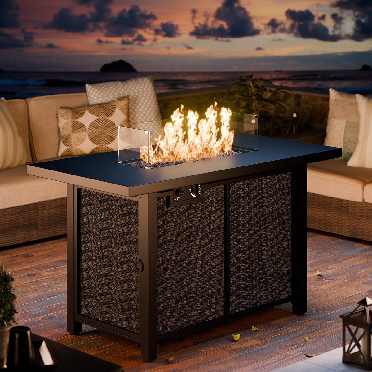 43" Propane Fire Pit Table with Glass Wind Guard & Lid, 50, 000 BTU Outdoor Gas Fireplace, Weather-Resistant