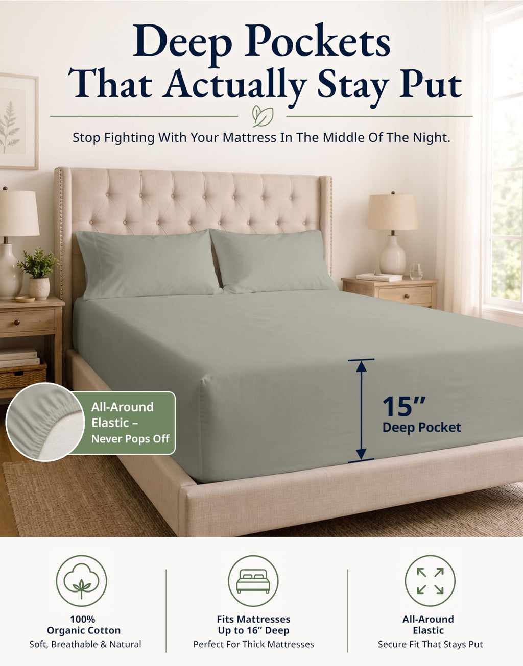 Full Fitted Sheet & Pillowcases (No Flat Sheet) - 100% Organic Cotton Soft & Breathable Percale Weave Fitted Sheet