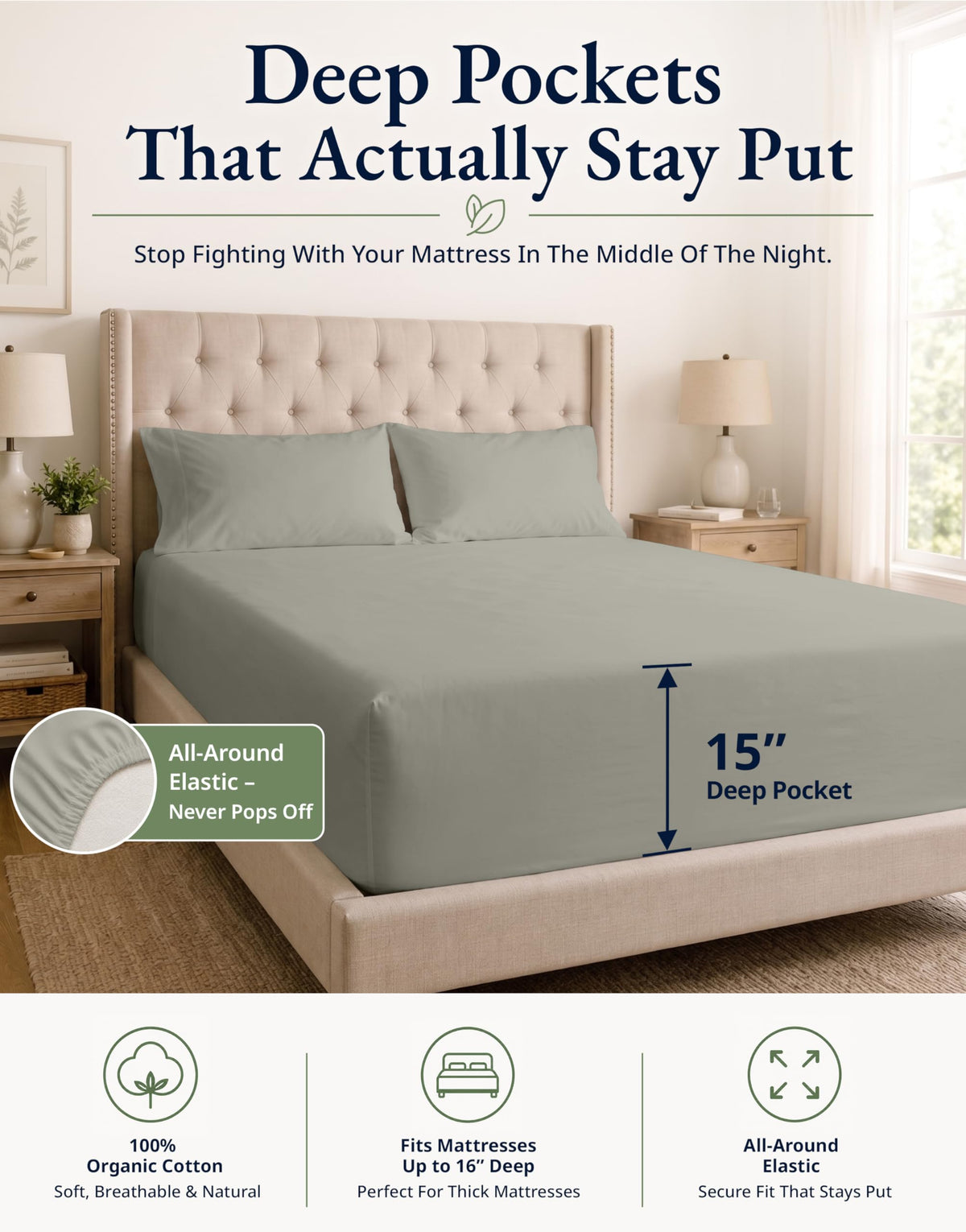 Full Fitted Sheet & Pillowcases (No Flat Sheet) - 100% Organic Cotton Soft & Breathable Percale Weave Fitted Sheet
