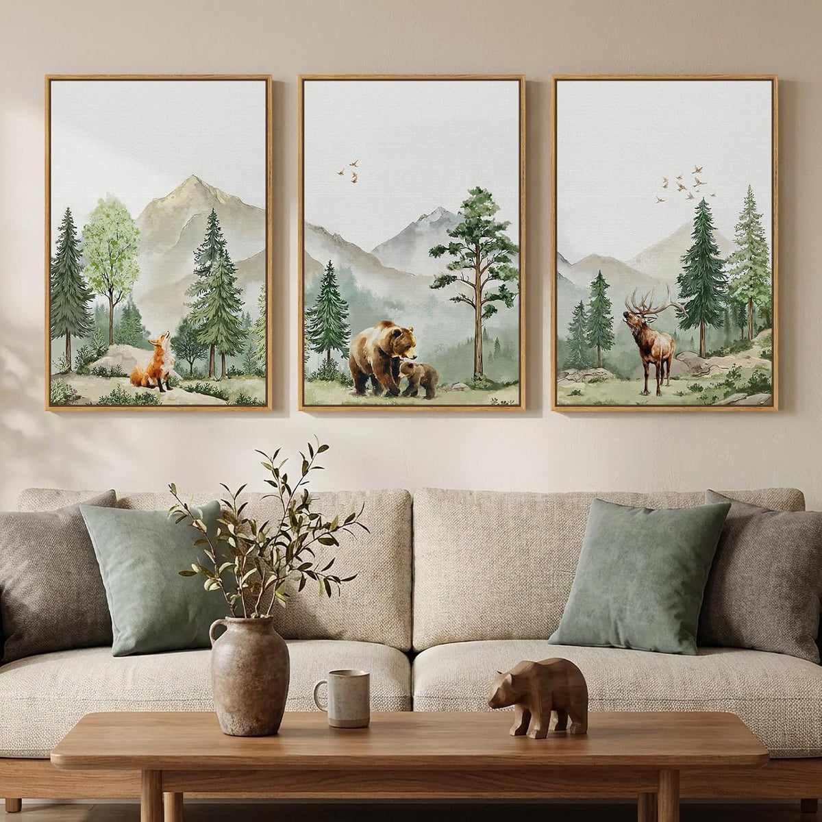 Framed Rustic Forest Animal Wall Art, 3 Piece Nature Landscape Deer Bear Fox Canvas Artwork for Modern Farmhouse