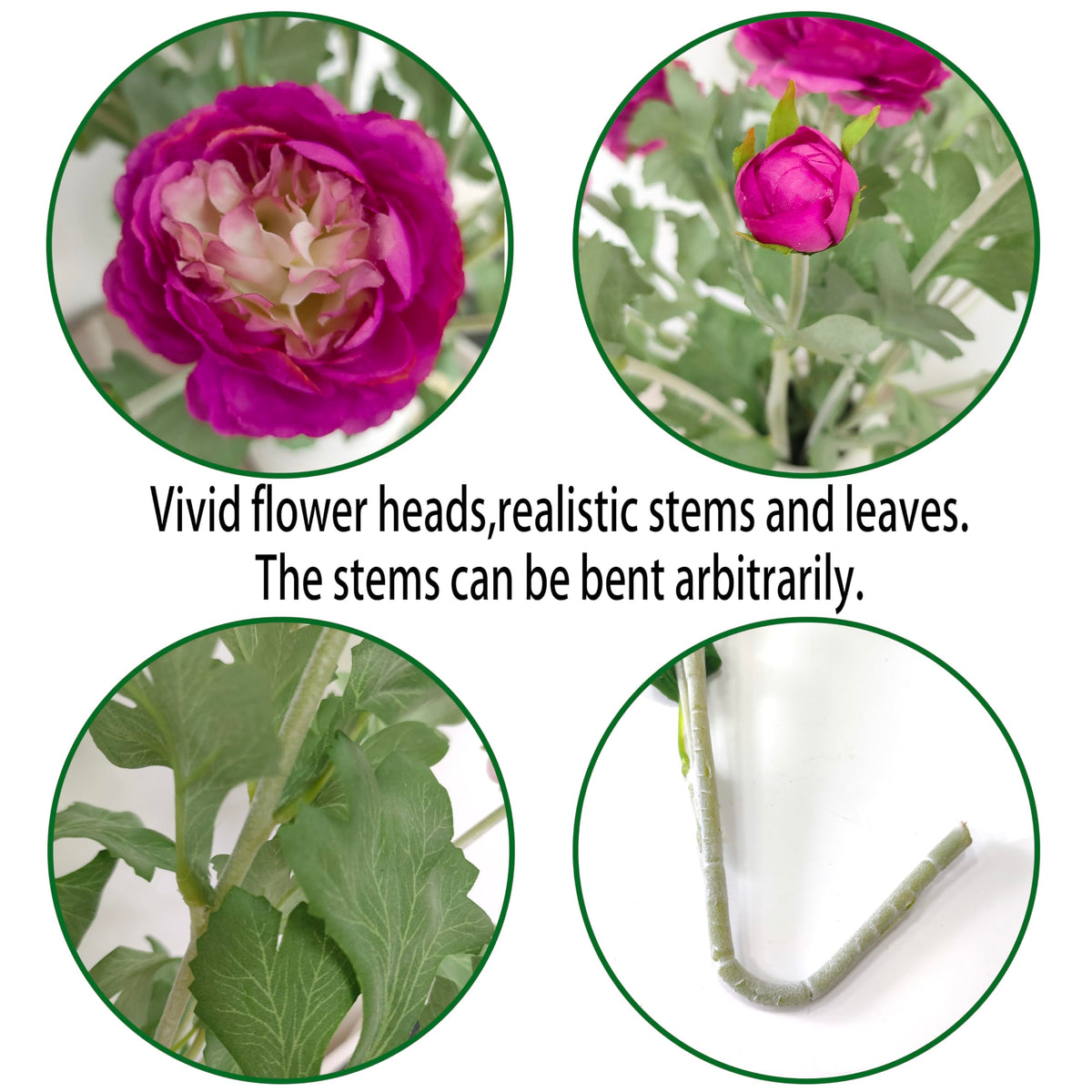 Ranunculus Artificial Flowers, 6 Pcs 3 Flower Heads Faux Ranunculu Flowers with Real Touch Stem, Artificial Ranunculus