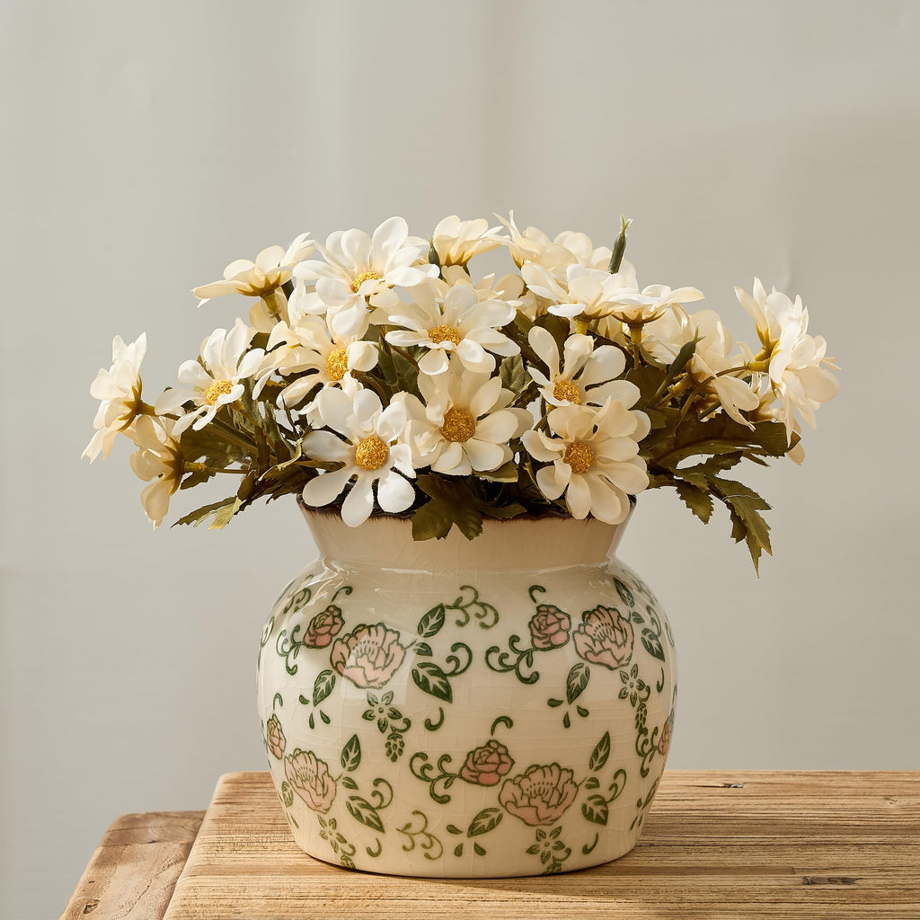 Ceramic Red Rose Floral Vase with Wide Mouth Lace, 4.84 Inch Cracked Chinoiserie Rustic Farmhouse Vases, Pastoral