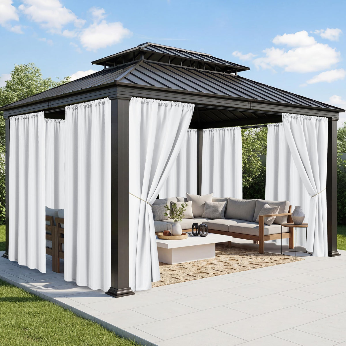 White Outdoor Curtains Waterproof, 8 Panels, Rod Pocket