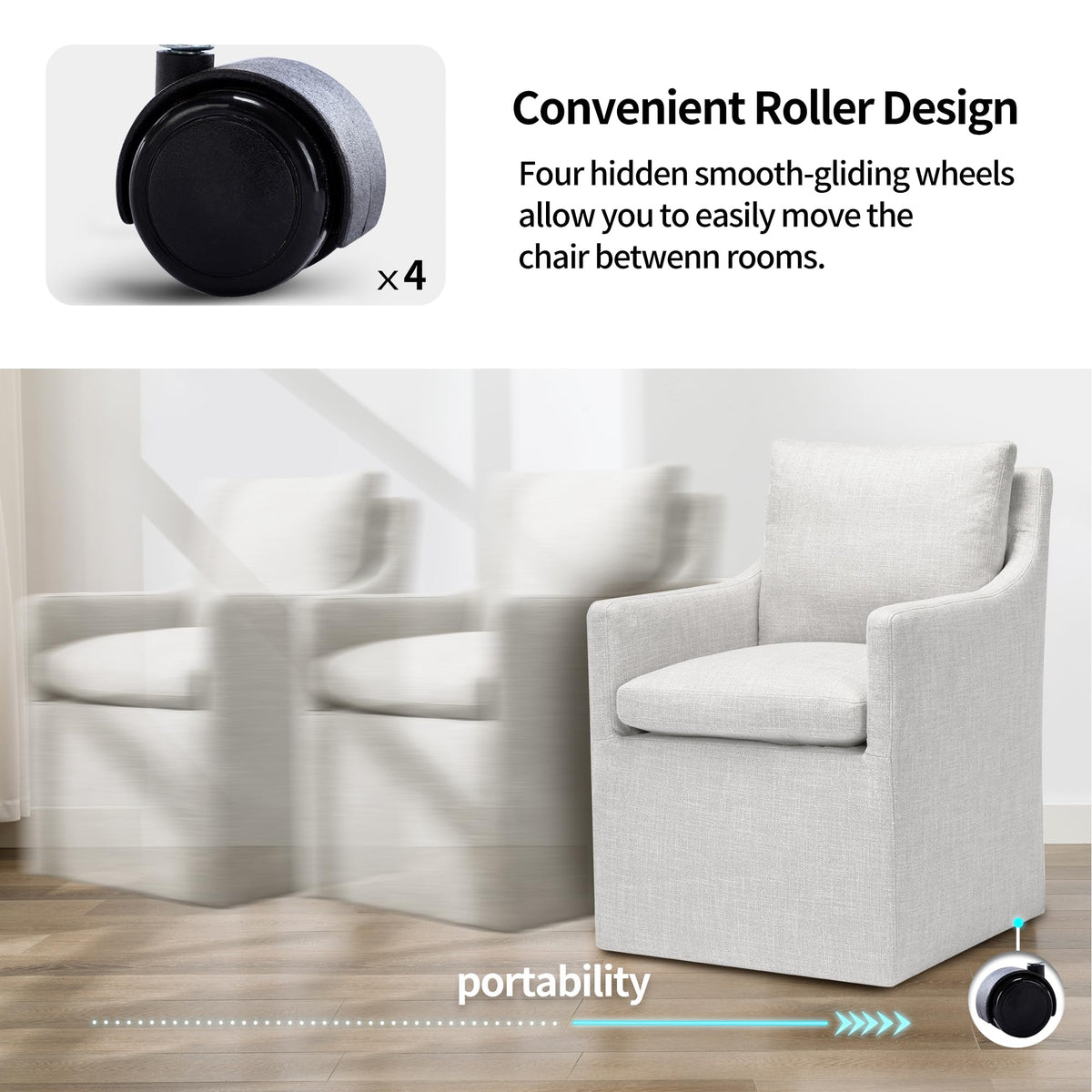 Upholstered with Casters, Linen Set of 4