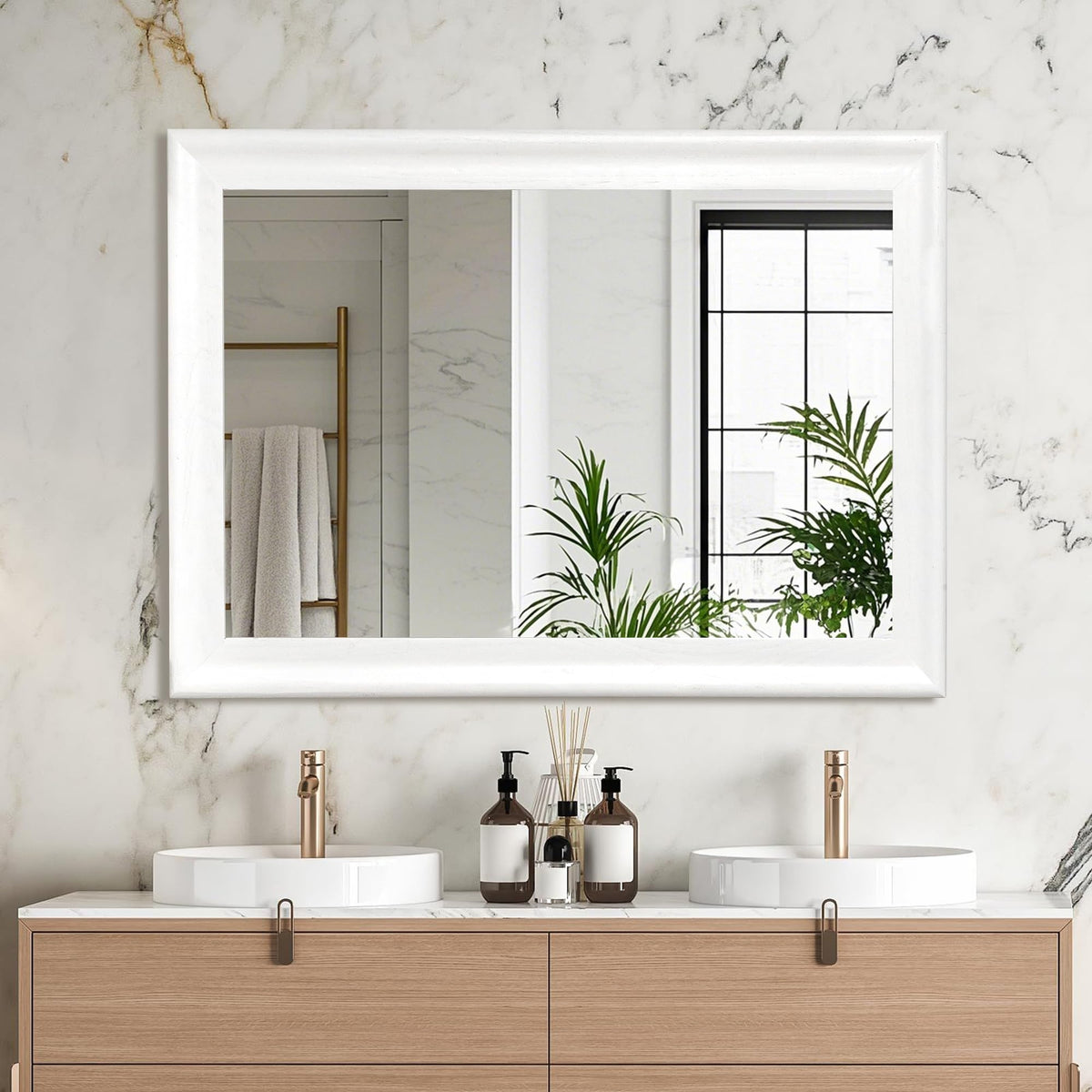 White Wood 30 x 40 Inch Mirror,Rectangle Vanity Wall Mirror