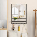 Wall Mirror with Shelf and Hooks, 21" X 28" Metal Framed Bathroom Mirror with Shelf, Decorative Mirror (Black, 21 x