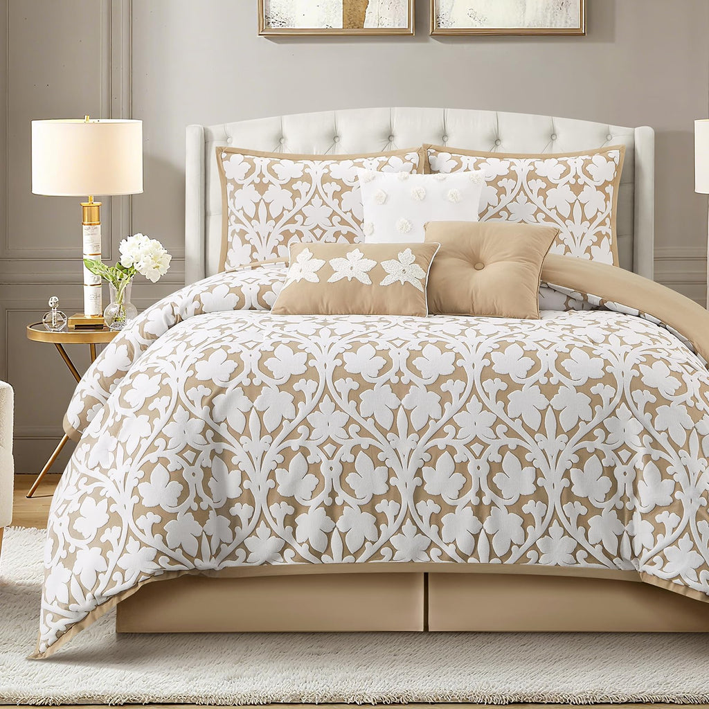 7 Pieces Comforter Set, Khaki, Jacquard Floral Pattern and Classy Damask Medallion Design, Ultra Soft, Includes