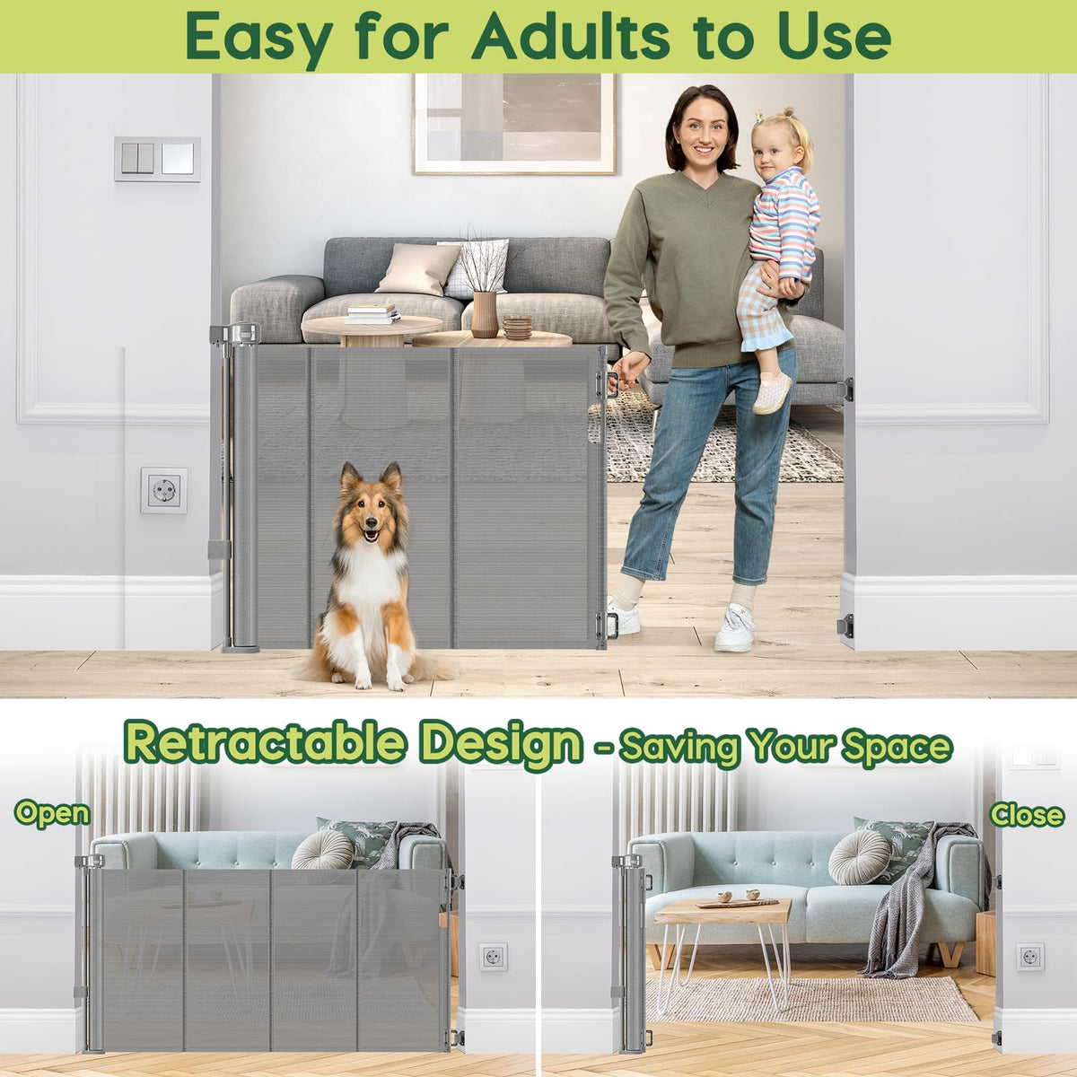 Reinforced 55" Wide Retractable Dog Gate with Support Rods, 33" Tall Retractable Baby Gate for Dogs, No Sag and