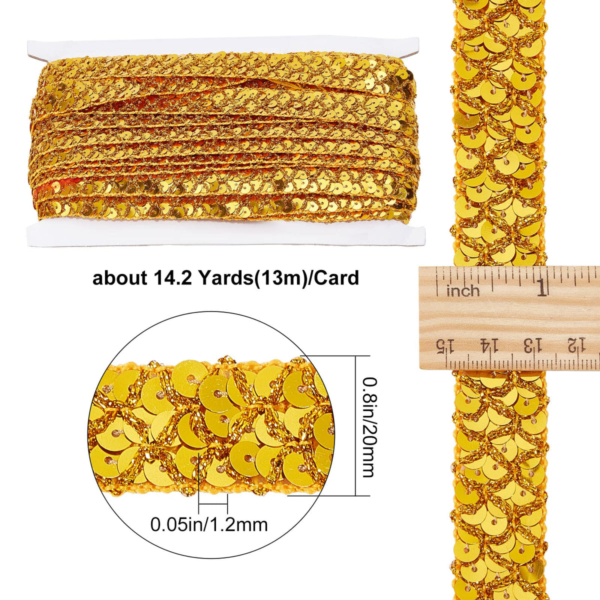 0.78" Gold Sequin Trim Lace Ribbon Braid Sequins Beads Glitter Ribbon Sequin Strips 3 Rows Paillette Roll for - 14Yds