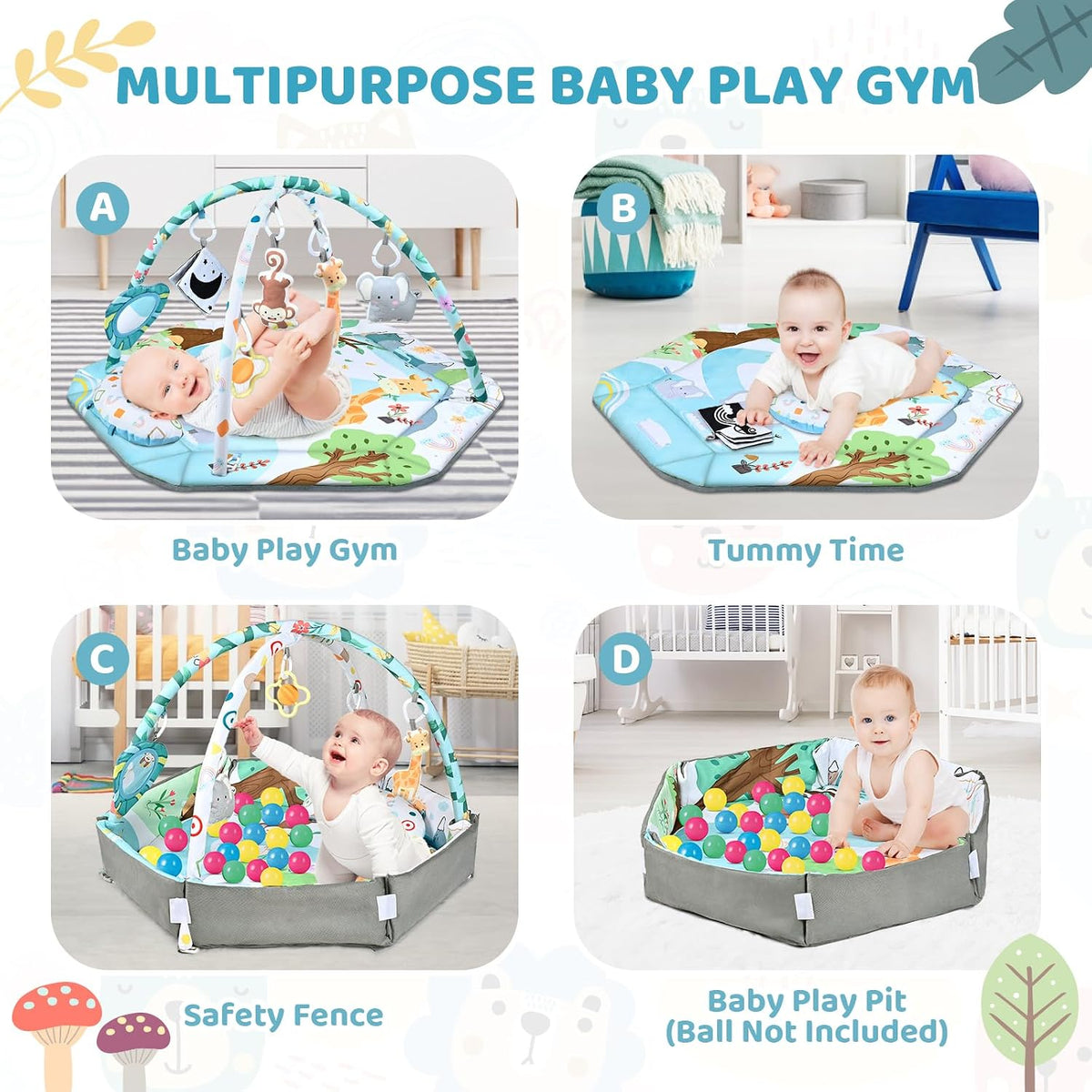 Gym Play Mat, in-1 Tummy Time Mat & Ball Pit with 6 Toys, Washable Baby Activity Play Mat for Visual, Hearing