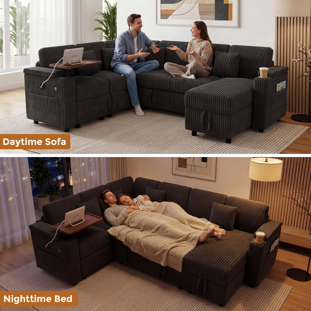 100" Modular Sectional Sleeper Sofa with Pull Out Bed/Side Table/USB Charging/Storage Chaise, U Shaped 7 Seat