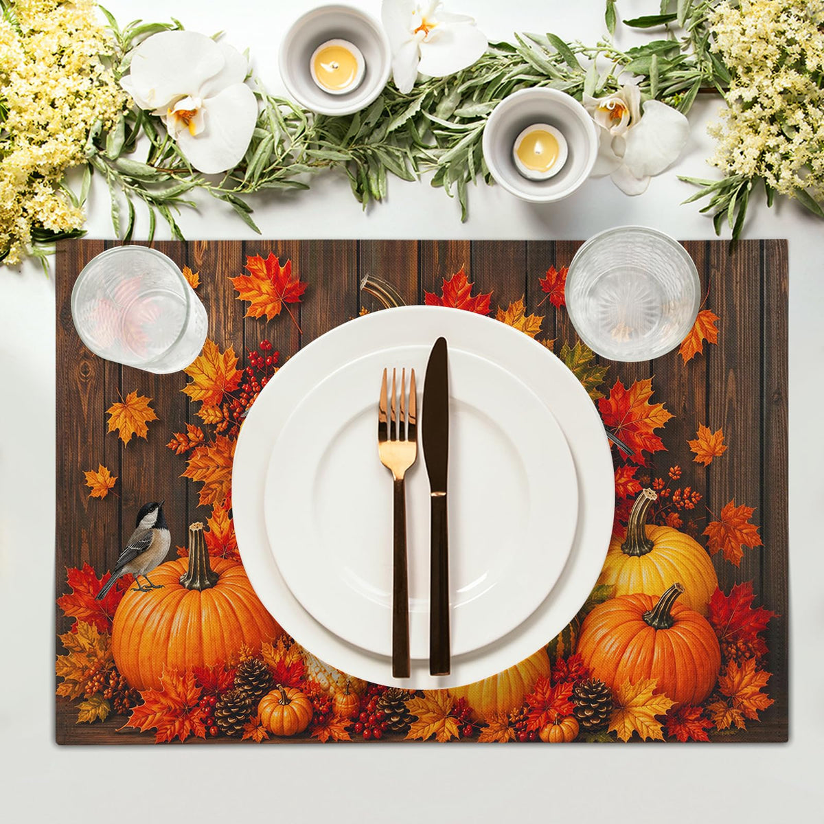 Autumn Placemats Set of 4 12x18 Inch Fall Maple Leaf Pumpkins Birds Decorative Linen Table Mat Rustic Wood Board
