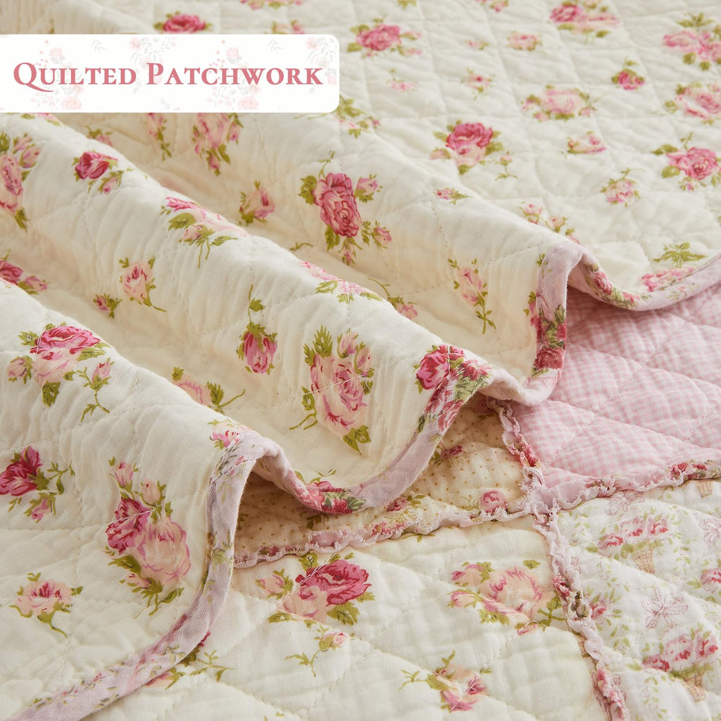 100% Cotton Patchwork Quilt Set Queen, Real Sewn, 3-Piece Pink Floral Quilt Bedding Set Reversible Lightweight