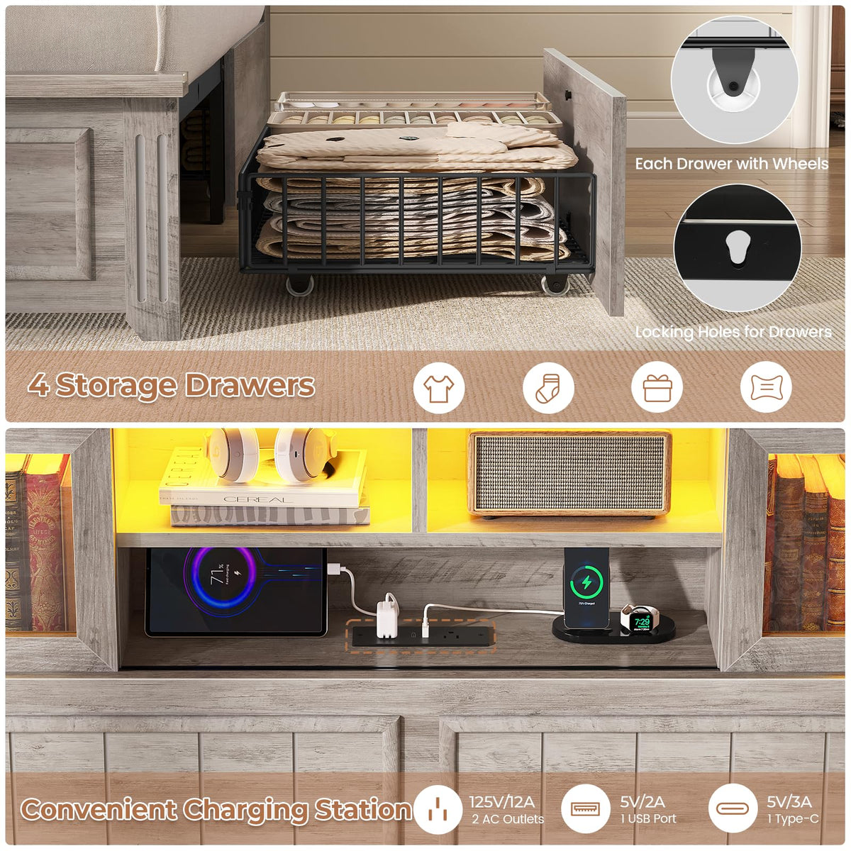 Bed Frame with Storage 4 Drawers and 3-Tier Hidden Headboard, Farmhouse Wooden Bed Frame with Acrylic