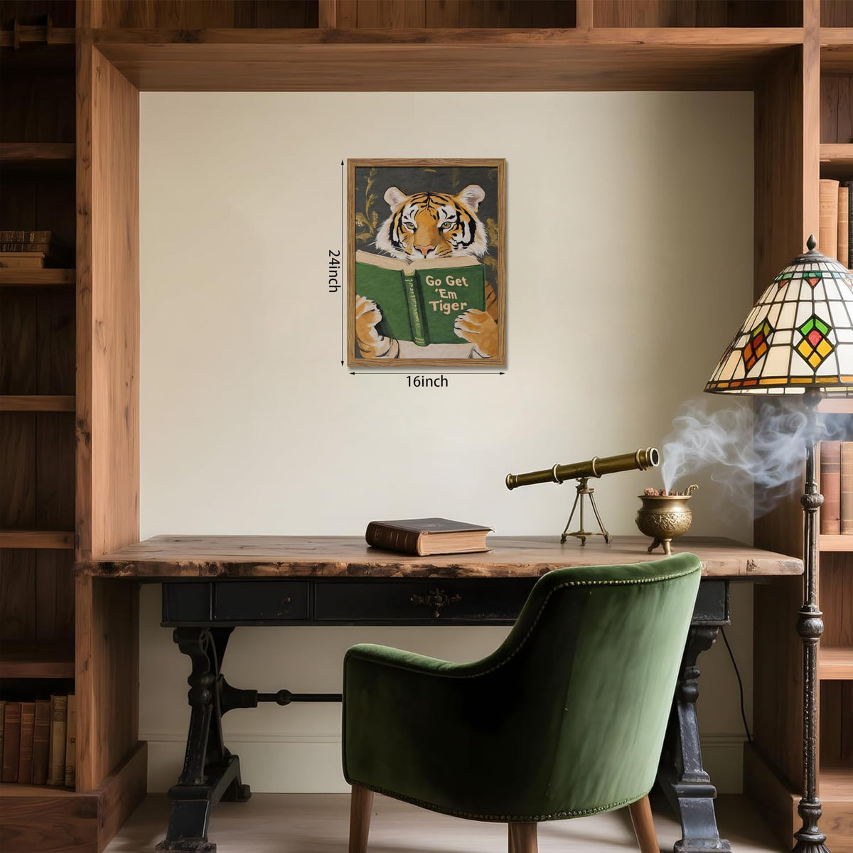 Framed Tiger Canvas Wall Art, Motivational Tigers Reading Poster Print, Humorous Bookworm Pictures Wall Decor