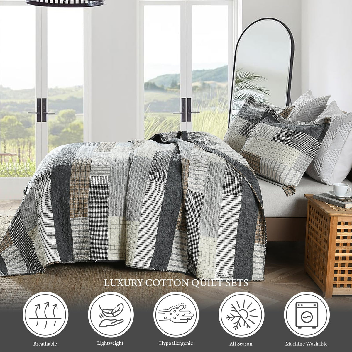Gray Plaid Quilt Set - 100% Cotton Striped Plaid Patchwork Bedspread Coverlet Set, Lighweight Cozy Cottage