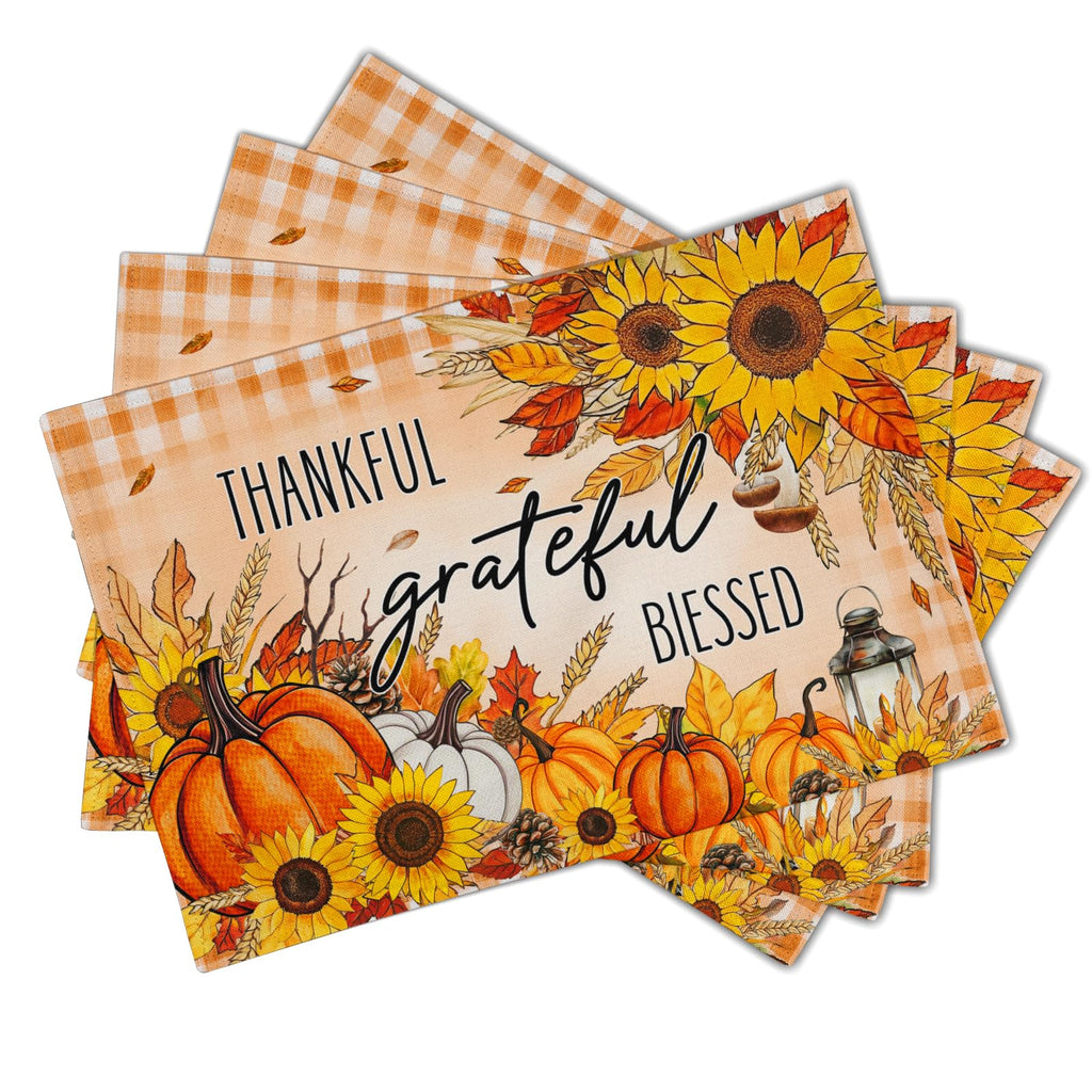 Fall Autumn Placemats, Thanksgiving Pumpkin Sunflower Thankful Grateful Blessed Linen Place Table Mats Washable Stain